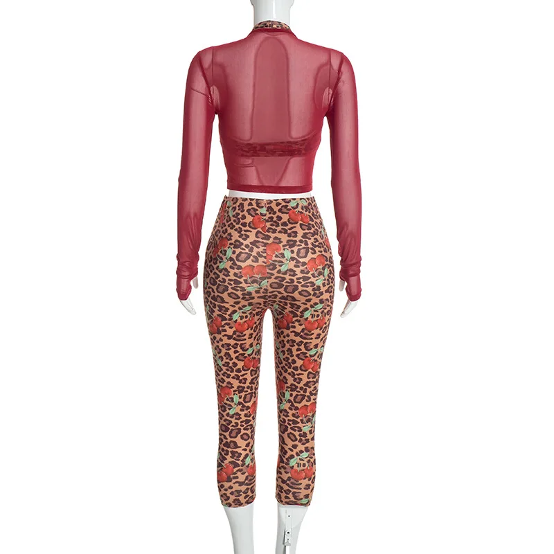 JENYAGE Damen 3-teiliges Outfit, weiches, dehnbares, sexy Leoparden-Cami-Top, durchsichtiges Mesh-Langarm-Oberteil, Capri-Hose, Nachtleger-Trainingsanzug-Set – Detail 5