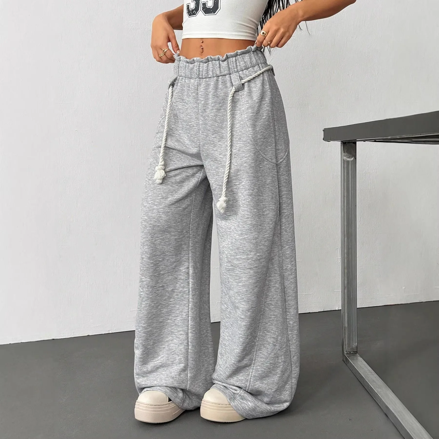 Y2K Harajuku Wide Leg Sweatpants Women Streetwear Baggy Oversize Gray Sports Pants High Waist Drawstring Casual Joggers Trousers