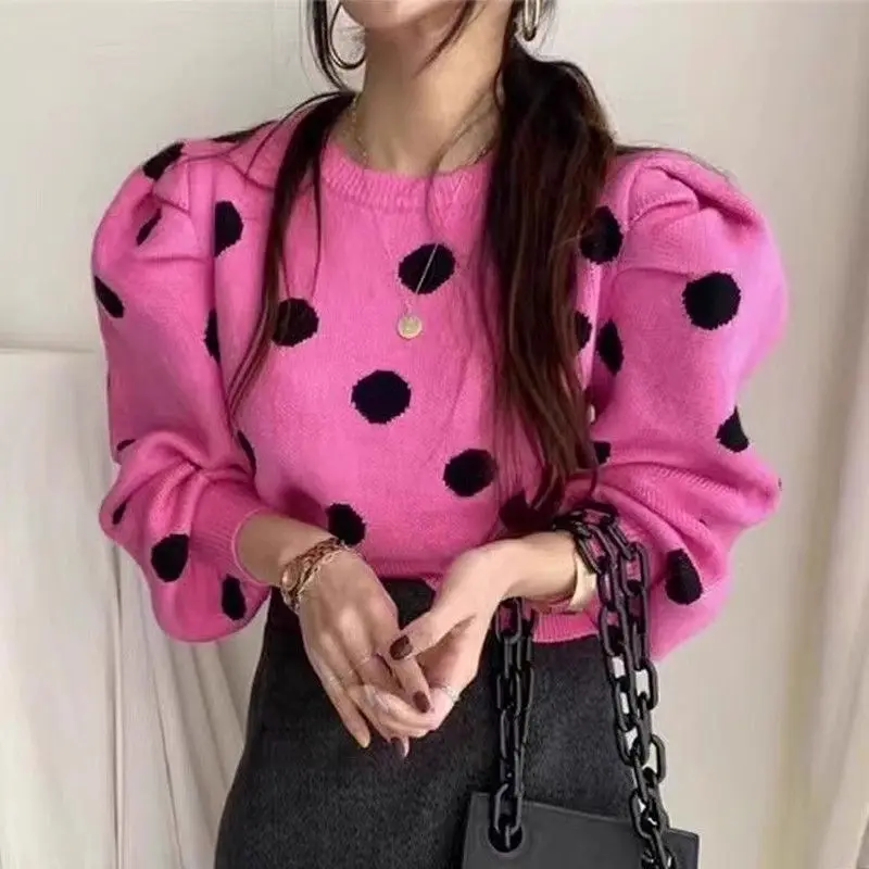 Korean Chic Autumn Winter Temperament Round Neck Loose Casual Polka Dot Contrasting Color Bubble Sleeve Knitted Sweater Women