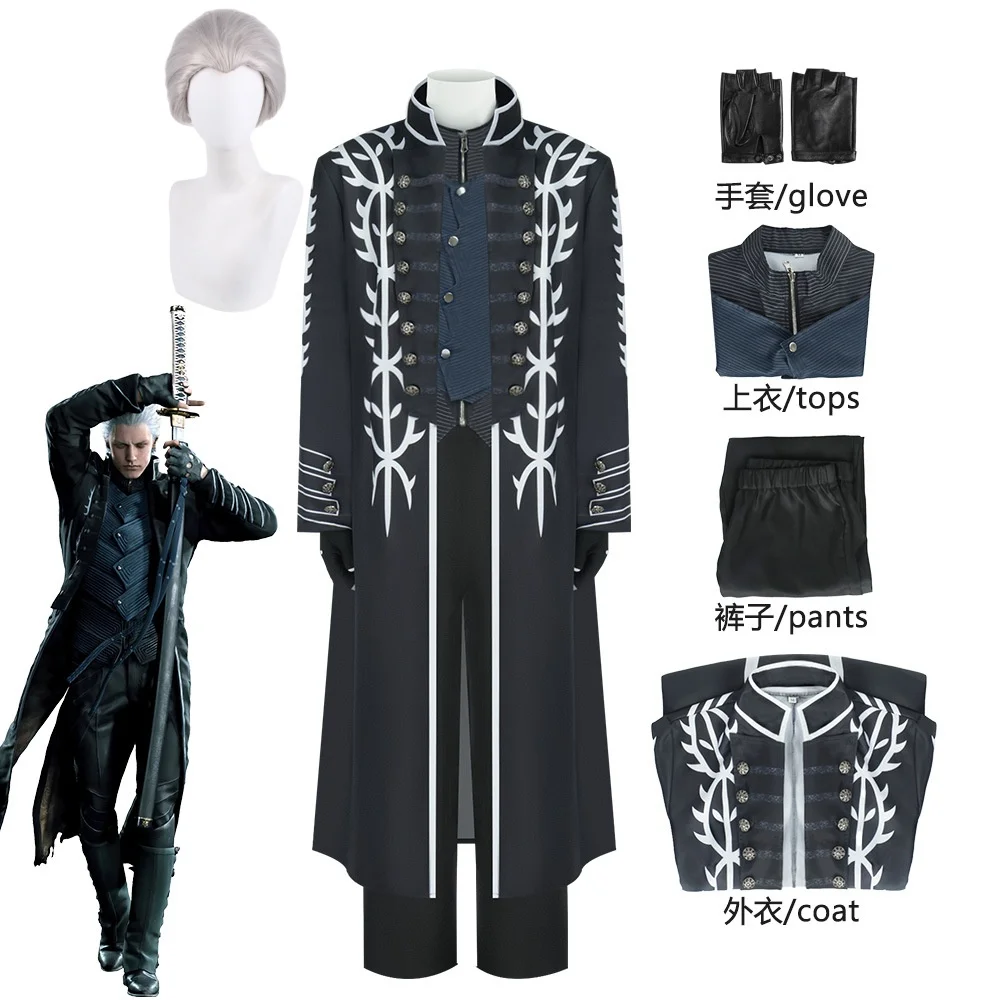 

Vergil Cosplay Costume Devil May Cry Vergil Trench Top Pants Full Set Anime Role Playing Costume