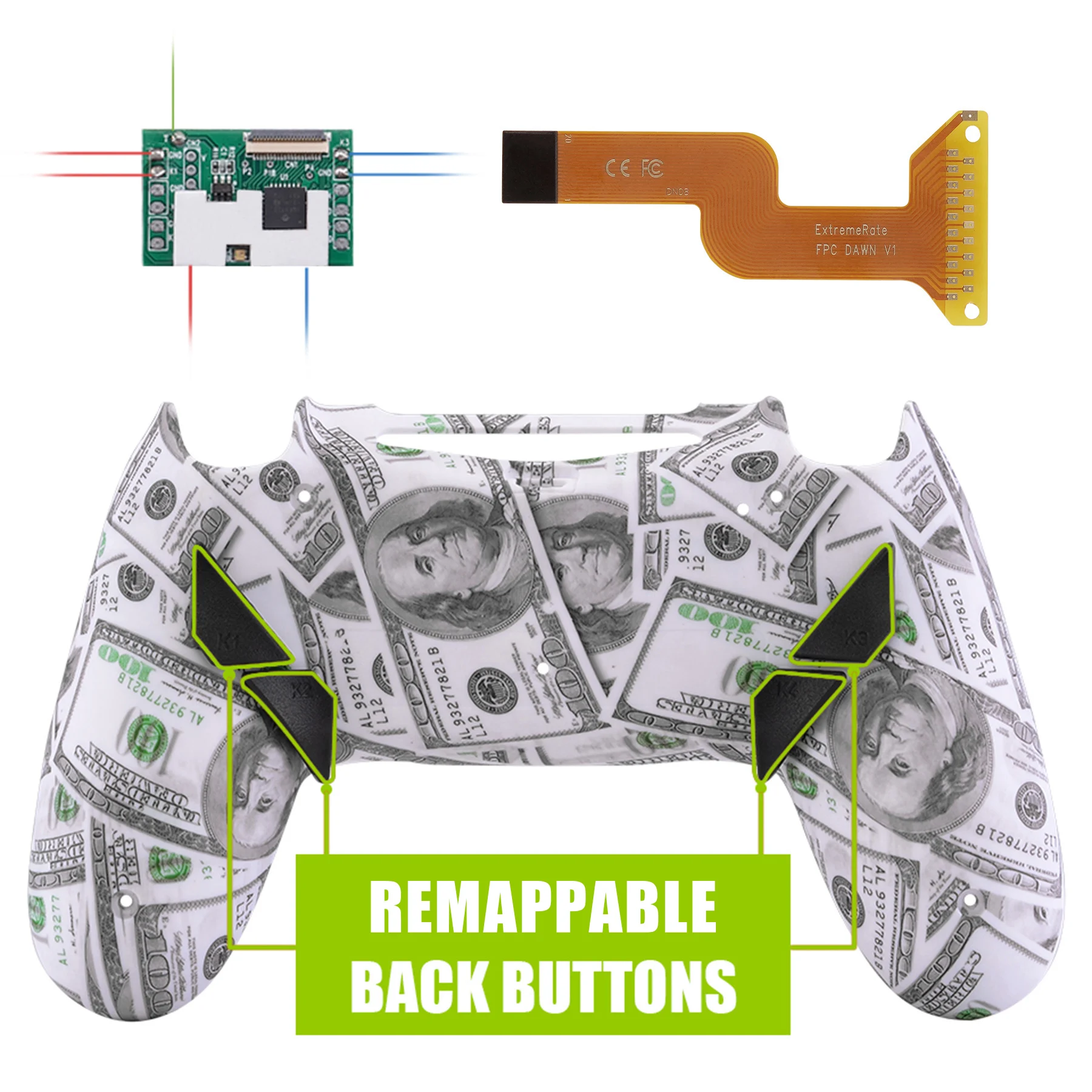 eXtremeRate Dawn Remappable Remap Kit for PS4 Slim Pro Controller with Custom Back Shell & 4 Buttons - 100$ Cash Money Dollar