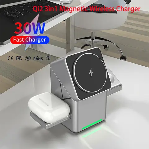 Rotating Qi2 3in1 15w Magnetic Wireless Charger Stand For iPhone 16 15 14 13 12 Max  iWatch Airpods Fast Charging Dock