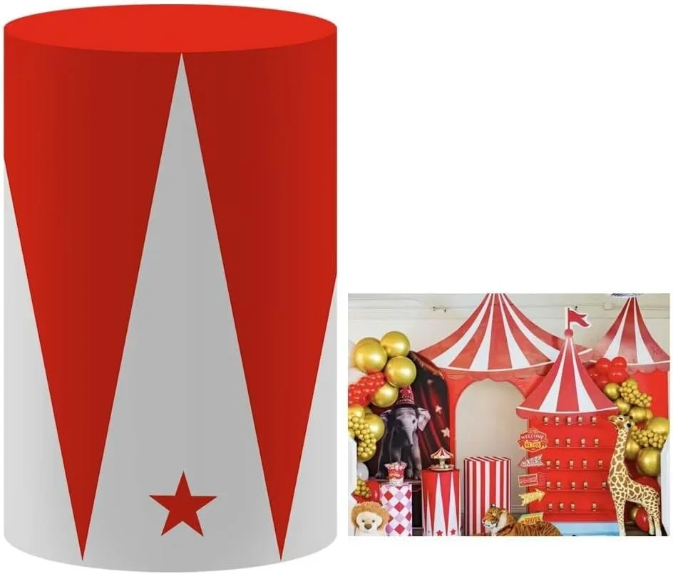 Mehofond Custom Cylinder Cover Backdrop Circus Carnival Stripes Kids Birthday Plinths Dessert Pedestal Background Decor Elastic