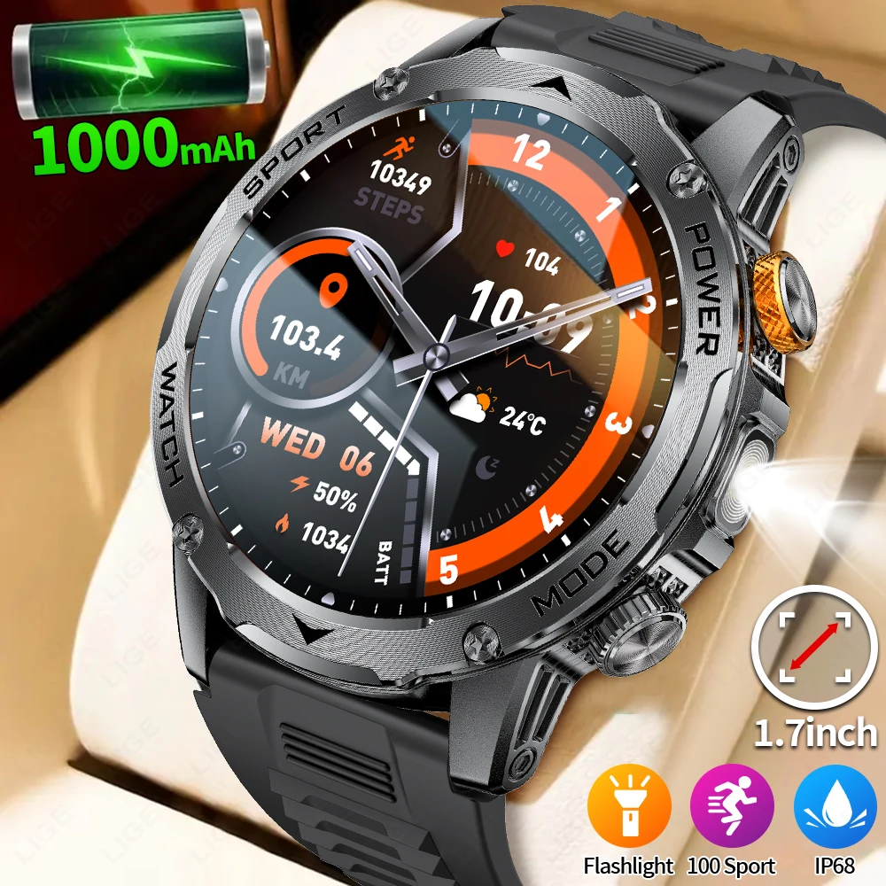 

LIGE New Outdoor Military Smart Watch Men GPS Track Waterproof 1000mAh Battery Sports Fitness Bracelet Smartwatch LED Flashlight