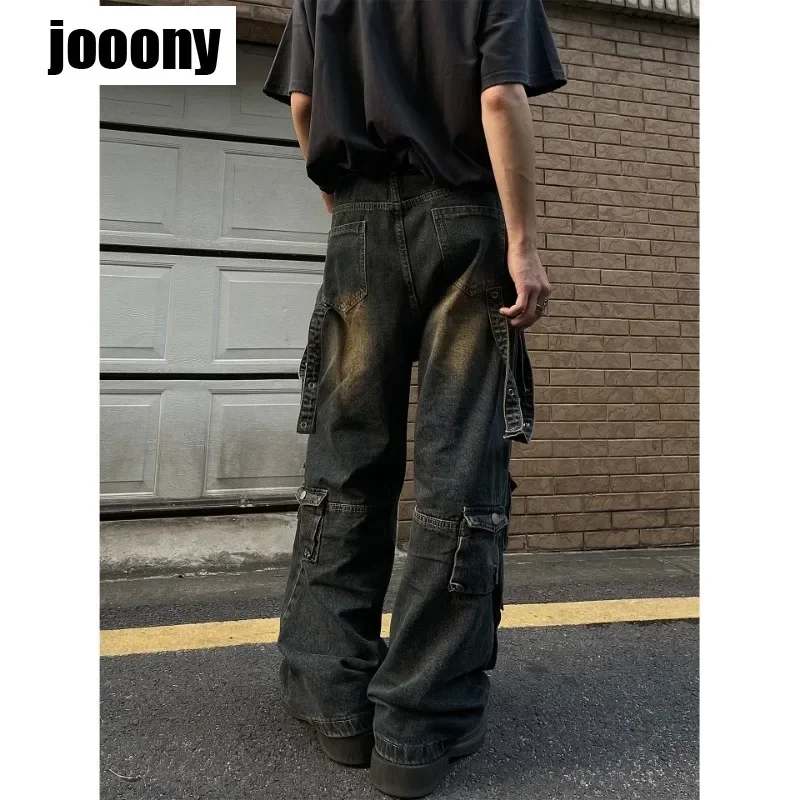جينز ريترو متعدد الجيوب لعام 2024 للرجال مخصص هاراجوكو شعور متقدم فضفاض مستقيم الساق سراويل هيب هوب جينز فضفاض