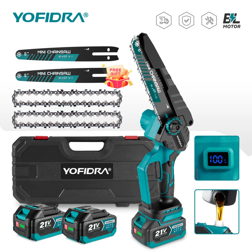 Scie à chaîne électrique sans fil YOFIDRA 8 pouces, rechargeable, pour travaux de menuiserie, jardinage et élagage, compatible avec les batteries Makita.