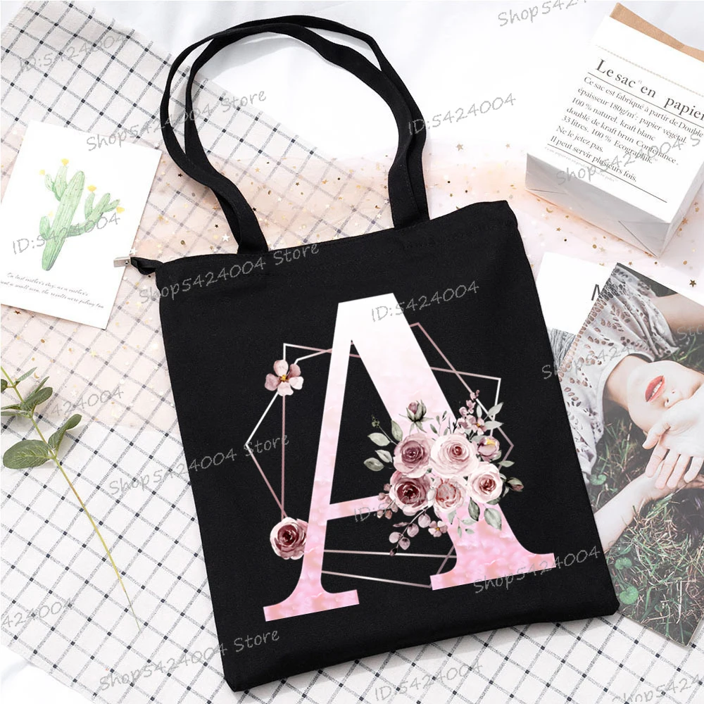 Letter L Floral Monogram Print Women Tote Bags Pink Flower Alphabet Design Canvas Shopping Bag Gift for Flower Lover Handbags