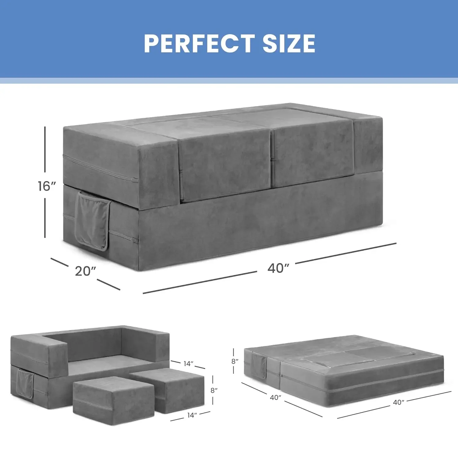Conjunto de sofá e brincar para crianças e crianças, sofá modular de espuma e espreguiçadeira dobrável com 2 otomanos, cinza