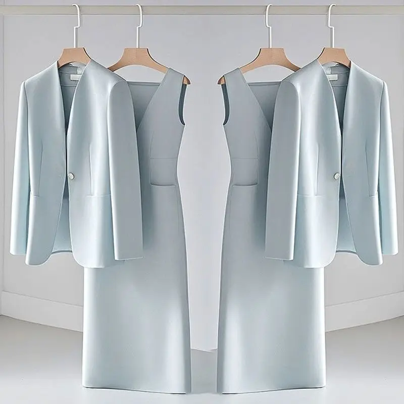 ชุดเซ็ต 2 ชิ้น สไตล์หรูหราสำหรับผู้หญิง คอลเลคชั่นฤดูใบไม้ร่วงใหม่ เสื้อแจ็คเก็ตแขนยาวระดับไฮเอนด์ + เดรสคอวีแขนกุด แฟชั่นชุดทำงานสำหรับสุภาพสตรี