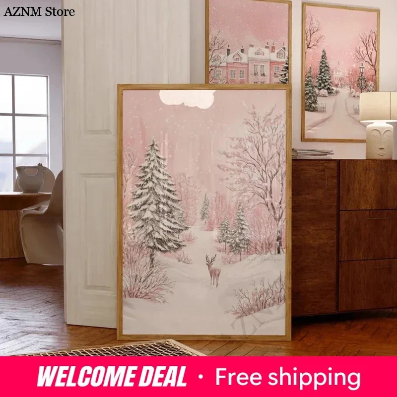Pink Winter Forest Print, Snowy Christmas Trees Prints, Cute Reindeer Wall Art, Girly Holidays Poster