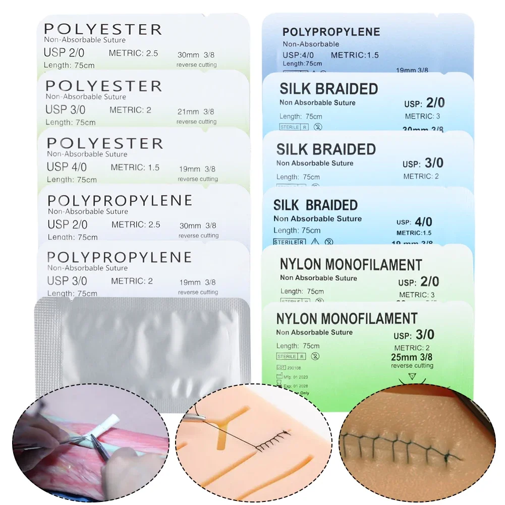 

2/0 3/0 4/0 хирургическая имитация швов, нейлоновый шелк, полипропилен, полиэстер, игольчатые стежки хирурга для студентов-медиков, образование