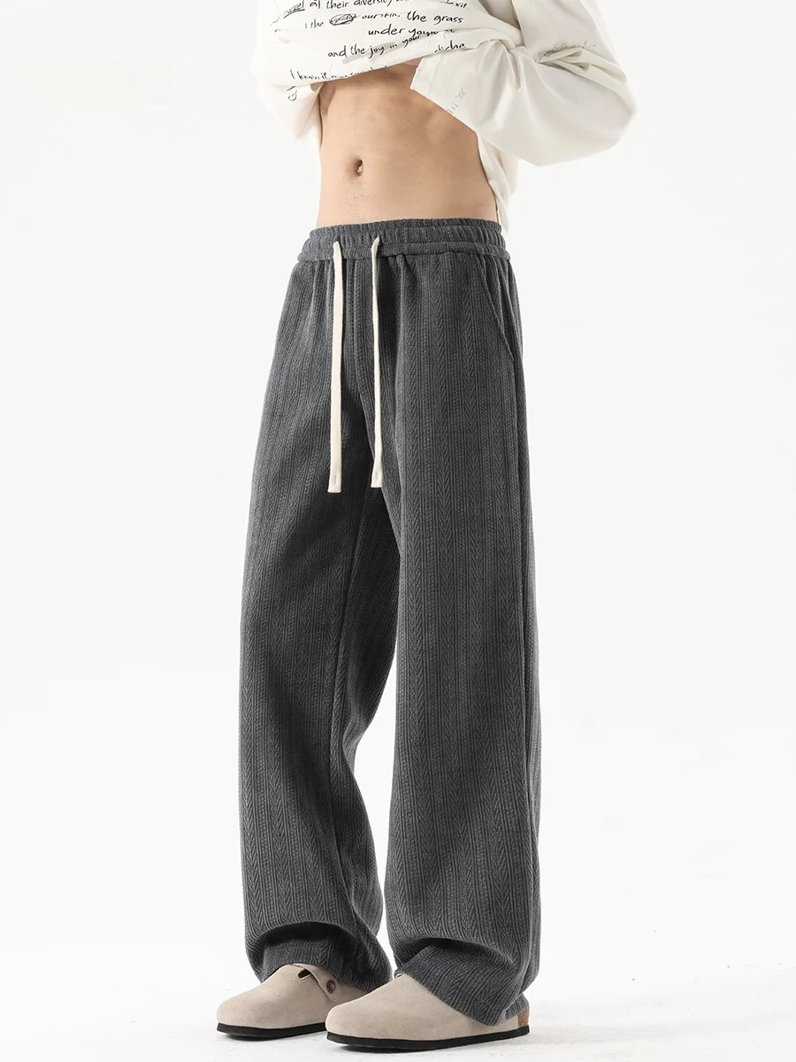 

Men's Autumn Winter Thiened Fce Lined Straight Leg Casual Pants Wheat Spike Pattern Loose Fit Spor Wide Leg Trousers