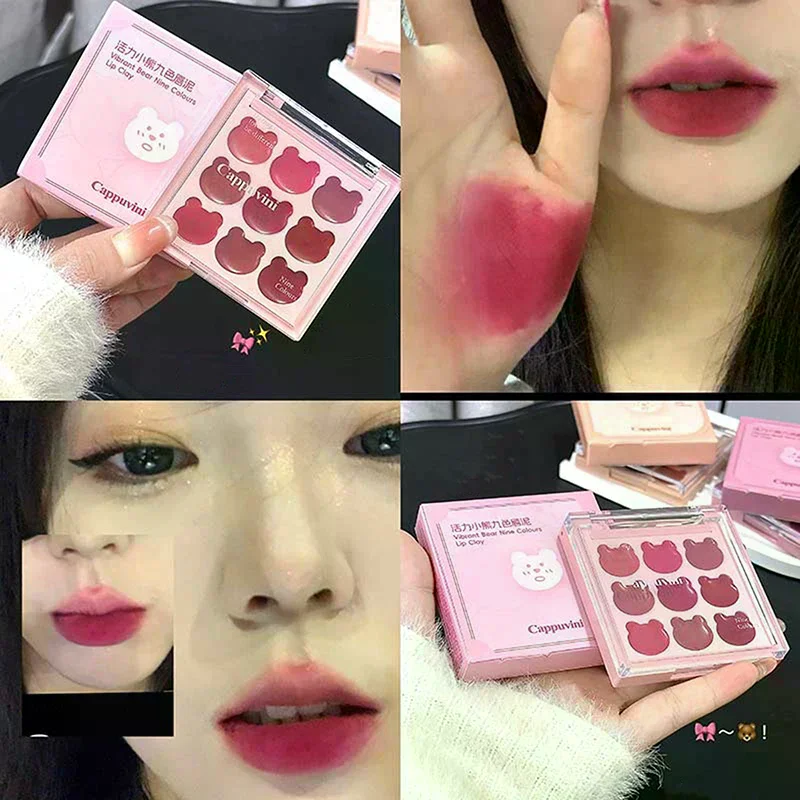 Cappuvini 9 Colors Velvet Lip Mousse Matte & Natural Finish Long-Lasting Non-Drying Cute Bear Design Lipstick Palette Lip Mud