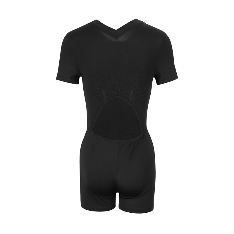 ربيع المرأة حللا جديد الشارع الشهير موضة قصيرة الأكمام سحابات حللا أسود مثير سيدة الخامس الرقبة الجوف خارج عارية الذراعين السروال القصير