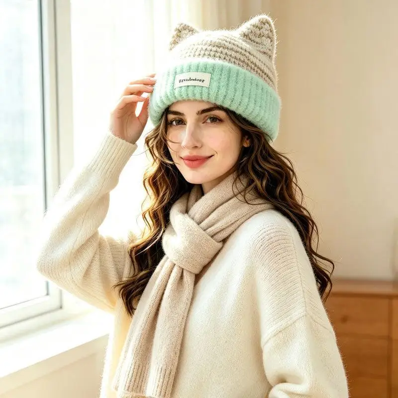 Cat Ear Fuzzy Knit Winter Beanie Thick Plush Lining Soft Thermal Hat for Teens Casual Street Wear Outdoor Sports