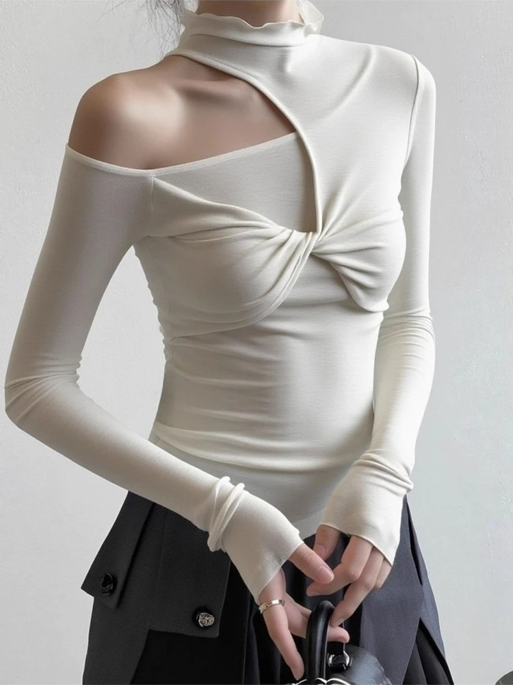 

Deeptown Korean Style Elegant T-shirts Women Sexy Off Shoulder White Tees Sweet Slim Up Solid Short Sleeve T-Shirt Aesthetics