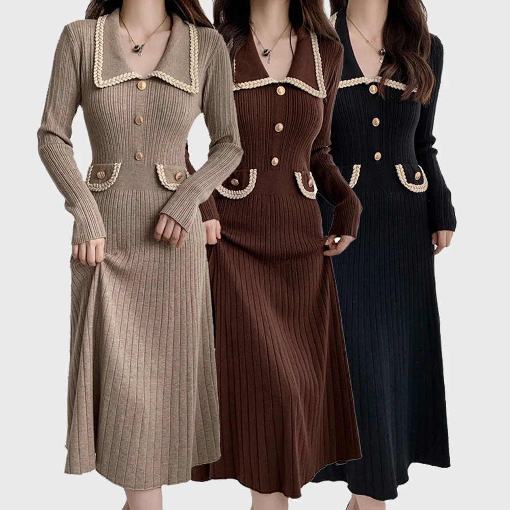 

Autumn Winter 2023 Slim Long Sleeve Party Midi Dress for Women Knitted Fit Dress Elegant Knitted Sweater Dresses Ladies Robe