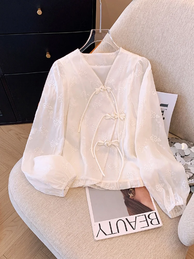 

plus Size New Chinese Style Women's Short Sleeve Shirts National Trend Button up Chiffon Tops Slimming High Waist Spring Summer