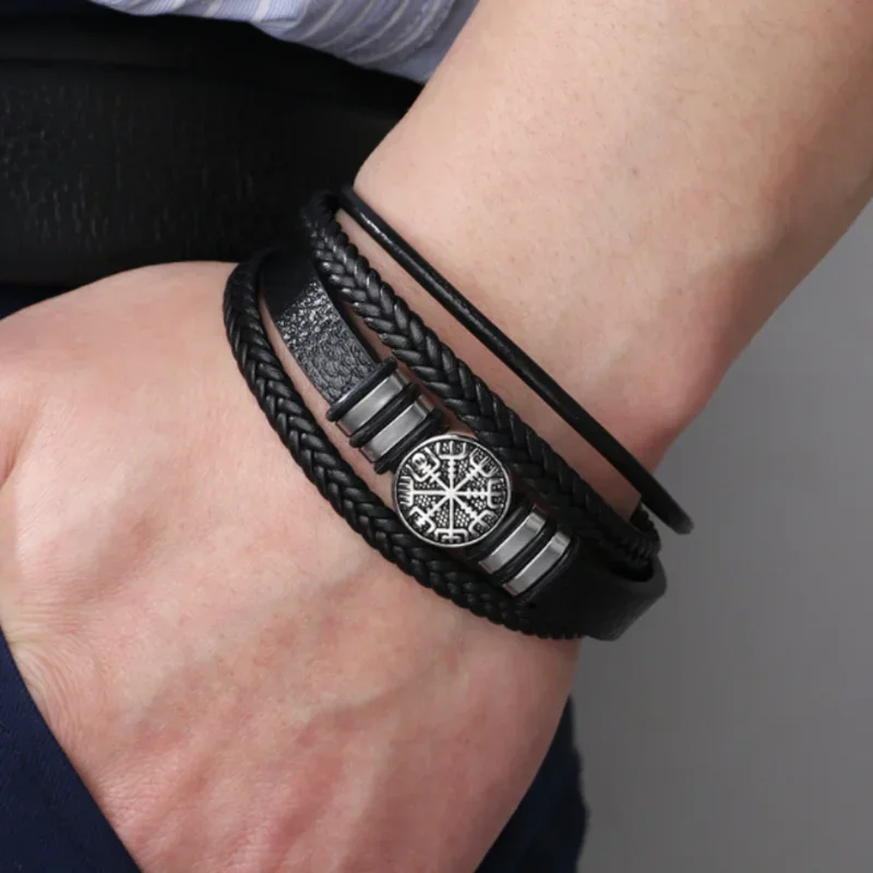 Vintage Punk Men Leather Bracelets for Men Fashion All-match Multi-layer Braided Leather Bracelets Scripture Compass Devil Eye