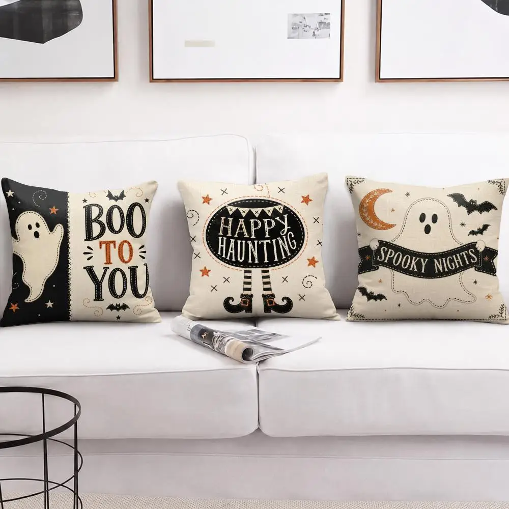 Happy Haunting Cushion Cover Double-Sided Plush Sofa Cushion Covers Organic Breathable Invisible Zipper