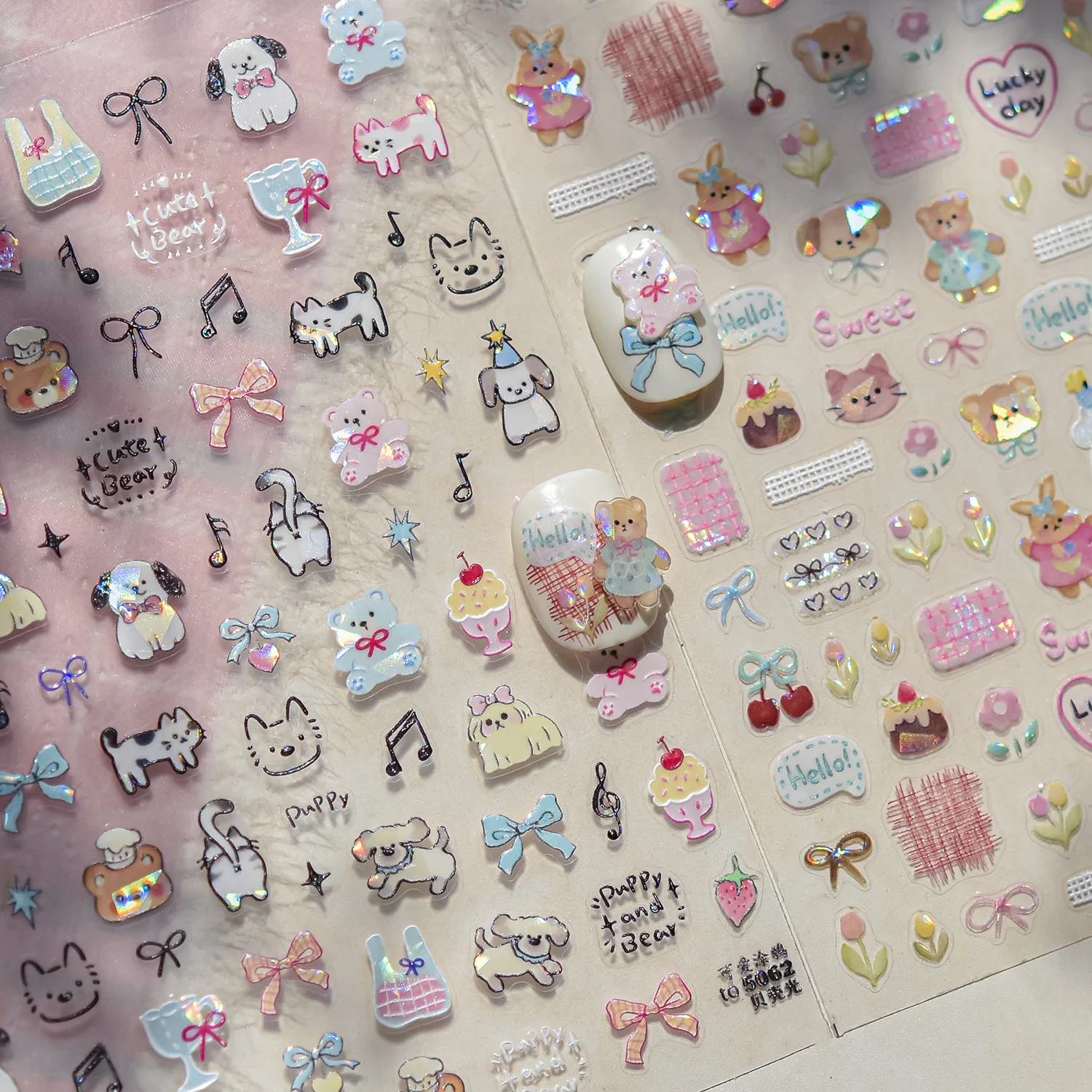 

Cute Bear Sweet Strawberry Love Heart Bowknot Pearl Stars 5D Nail Art Sticker Kawaii Self Adhesive Decoration Manicure Decal DIY