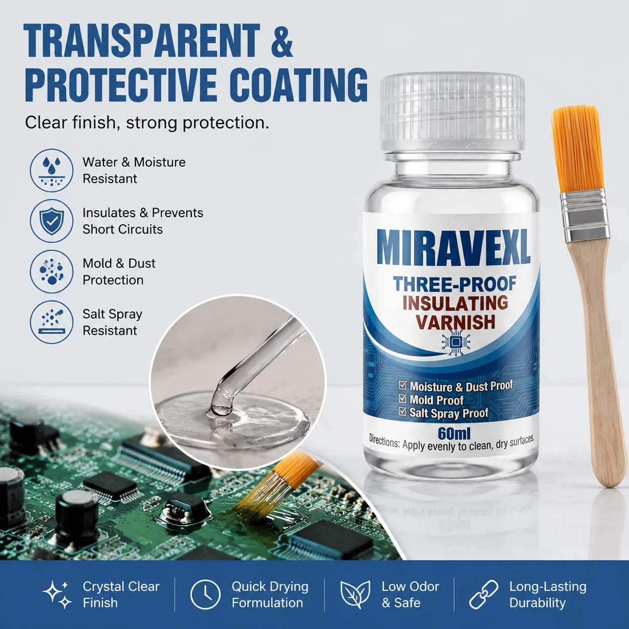 Waterproof Conformal Coating with Brush, Quick-Dry Insulating Lacquer, Anti-Corrosion & Anti-Salt Protection for PCB Circuits