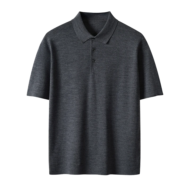 Men's POLO Collar 100% Worsted Wool Short Sleeve T-Shirt Fashion Loose Thin Vest Business Leisure High-End Shirts Summer Tops