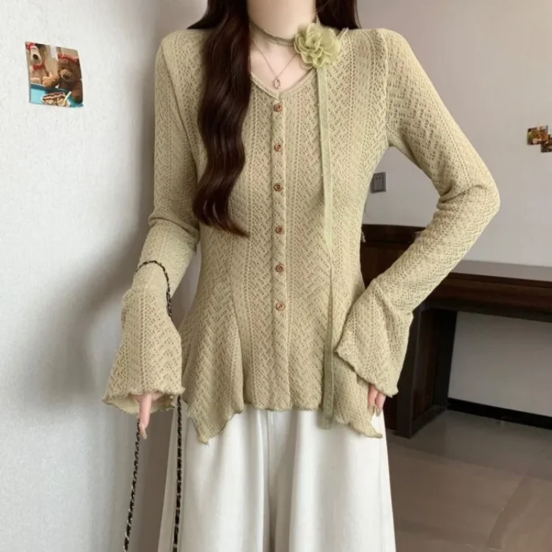 

Early Autumn V Neck Hollow Out Lace Blouse With Bell Sleeves