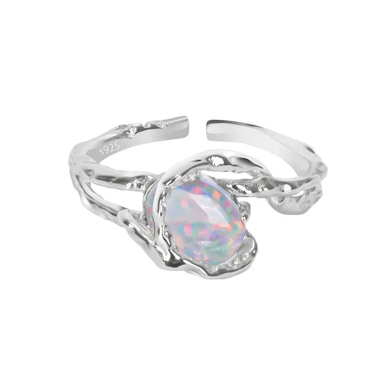 MOVESKI 925 Sterling Silver Opal Irregular Unique Design Adjustable Ring Fashion  Personality Gift Jewelry Accessories