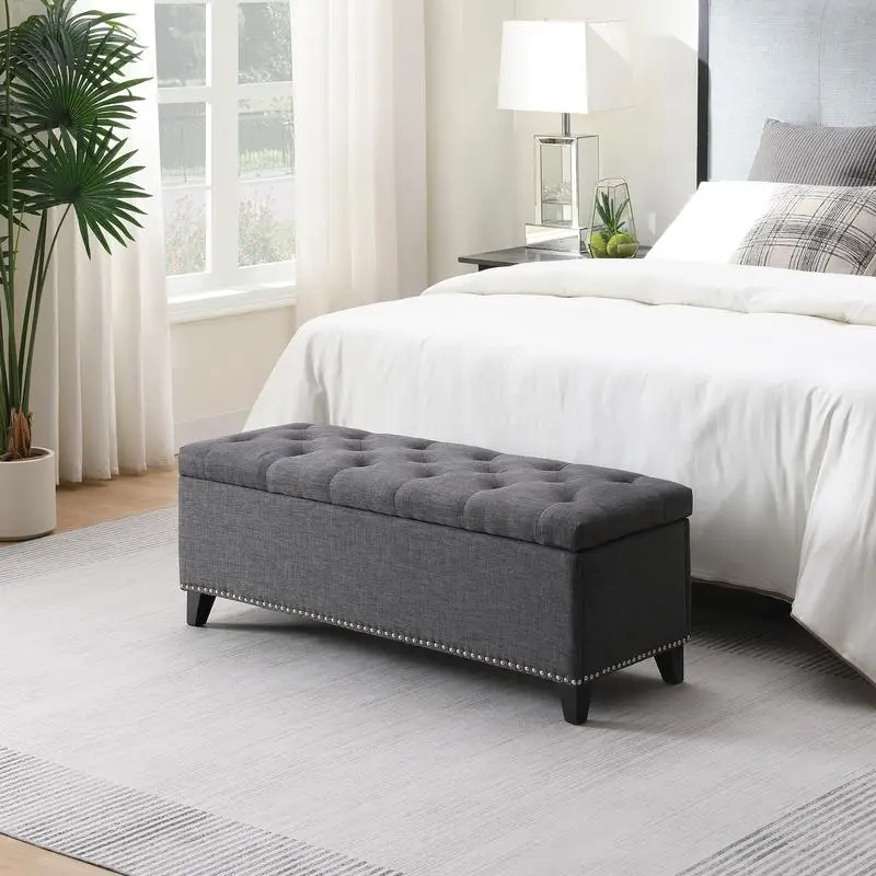 

47.5" Storage Ottoman Bench with Safety Hinge, Linen Button-Tufted for Living Room, Entryway, Hallway, Footrest, Supports
