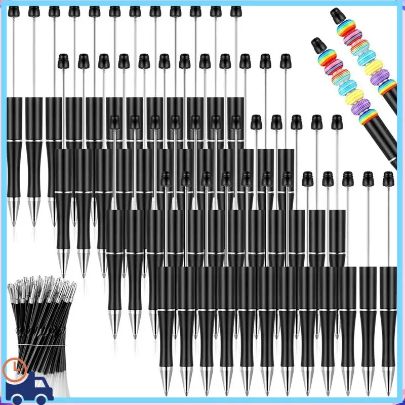 Latest 50Pcs Plastic Beadable Pen With 50 Refills For DIY Making Gift Black