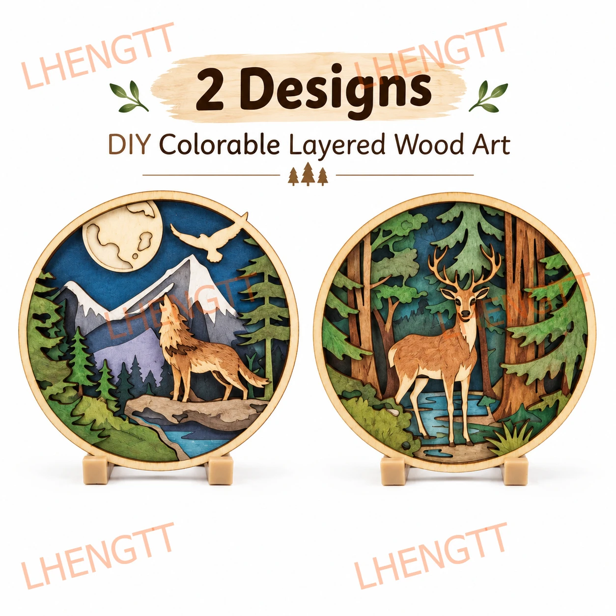 2PCS Unfinish Layered Wooden Scenic Art with Stands, Paintable Wolf & Deer Nature Decor for Tabletop Display and DIY Coloring