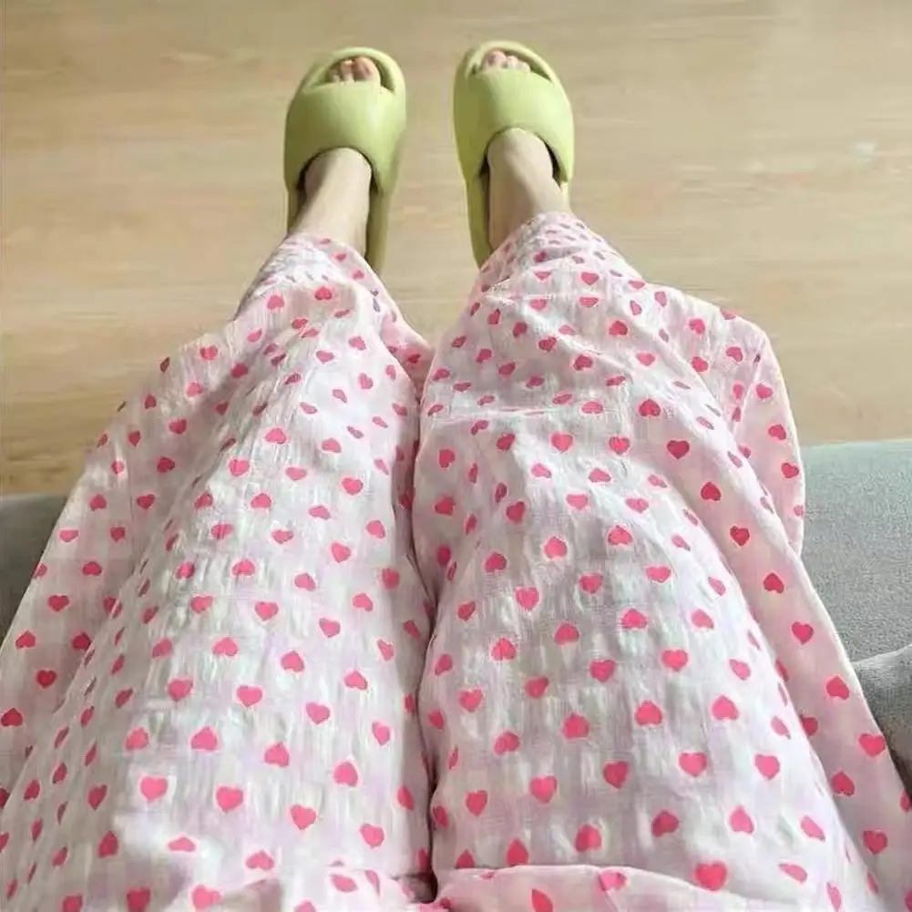 Cotton Pajama Pants Woman Love Print Trousers Double Layer Gauze Home Trousers Casual Simple Ladies Sleeping Pants Loose Lace-Up