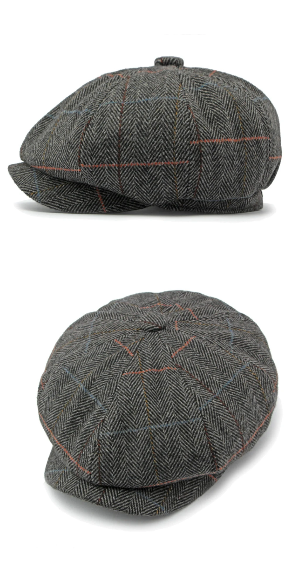 HT4255 Baskenmützen für Männer und Frauen, Retro-Künstler-Malermütze, karierte achteckige Ivy-Flachmütze für Herren und Damen, Herbst-Winter-Wollmütze – Detail 10
