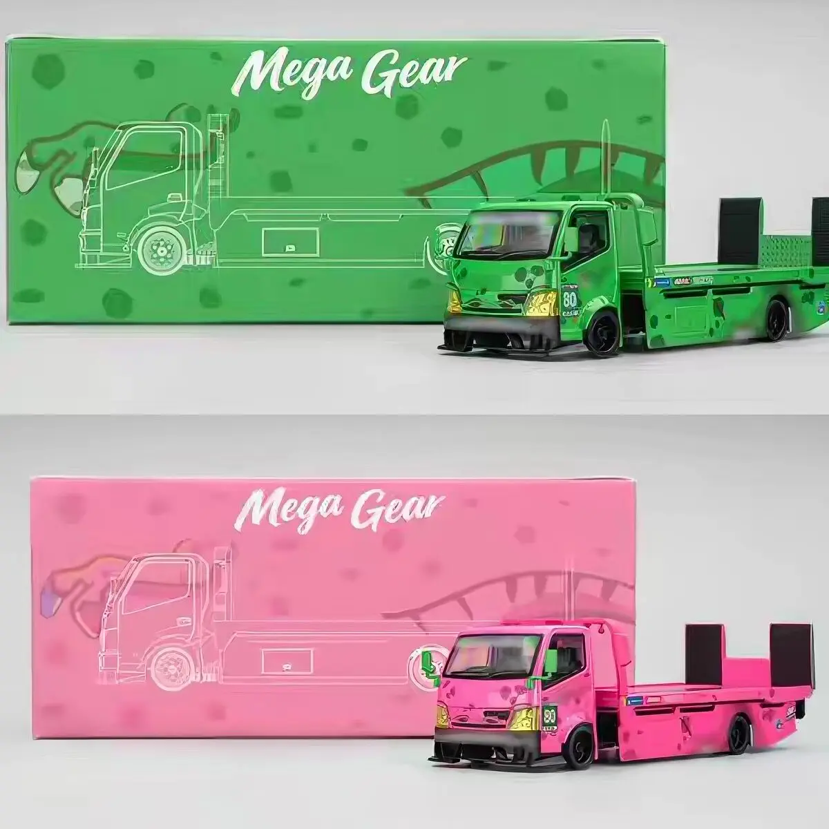 MEGA GEAR 1:64 Pink Green Dinosaur Trailer Full Floor Trailer Alloy Model