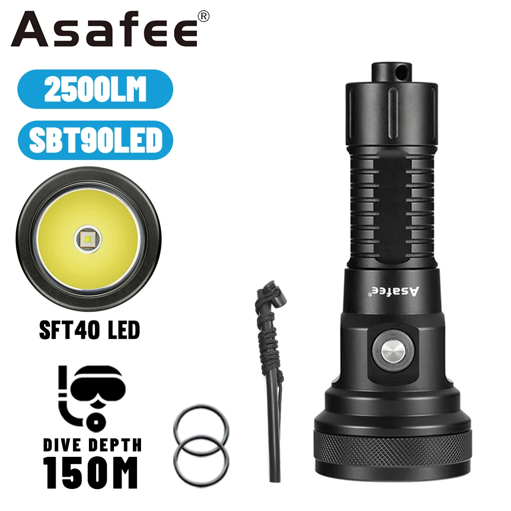 

Asafee DT01 SFT40 LED High Brightness Scuba Light 80° Angle Depth 150M Dive Lamp Rechargeable IPX8 Waterproof Diving Flashlight