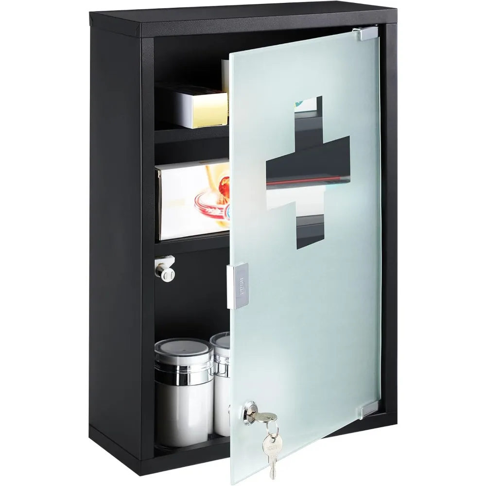 

First Aid Wall Cabinet with Lock Medicine Wall Mounted Bathroom Storage Hanging Medical Cabinet with Safety Glass Door for Bath