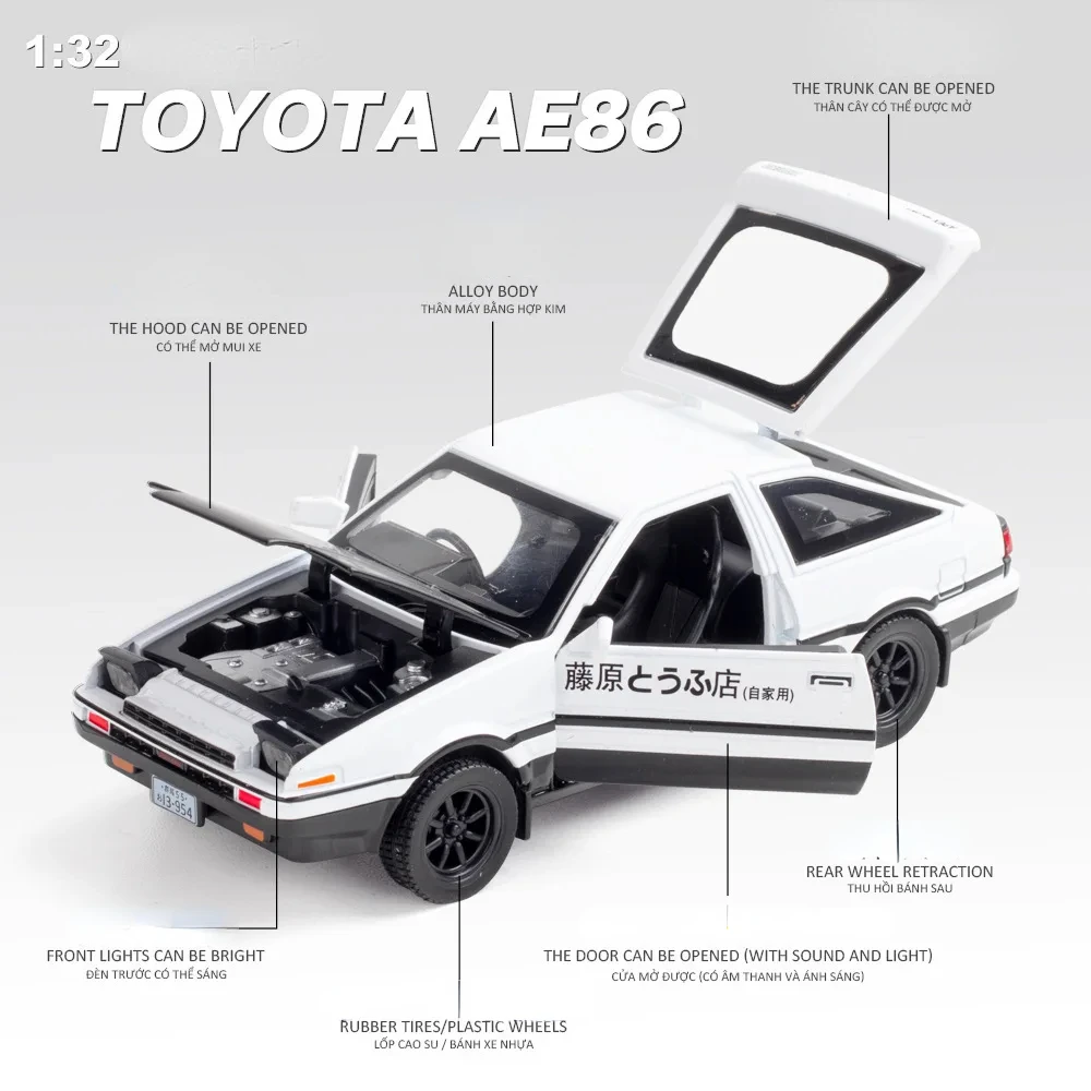 1:32 Toyota AE86 Toy Car Diecast Miniature Model Pull Back Sound Light Doors Openable Educational Collection Gift Kids A151