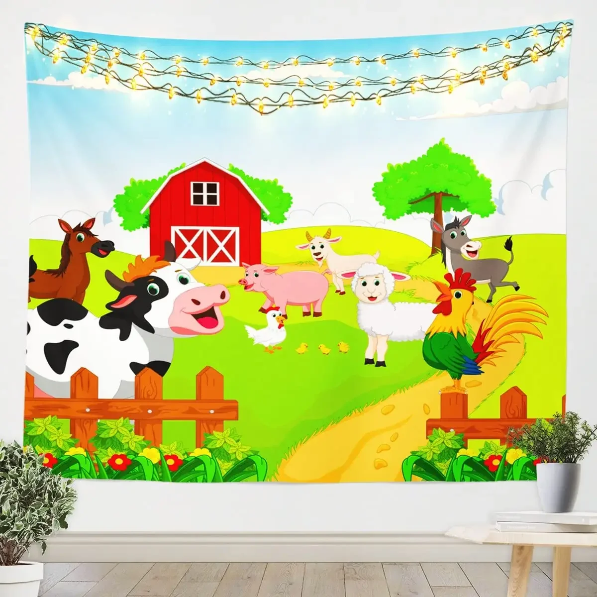 Cartoon Farm Animal Tapestry Wall Hanging Cute Milk Cow Dog Pig Tapestries for Child Girl Teen Bedroom Living Room Dorm Decor