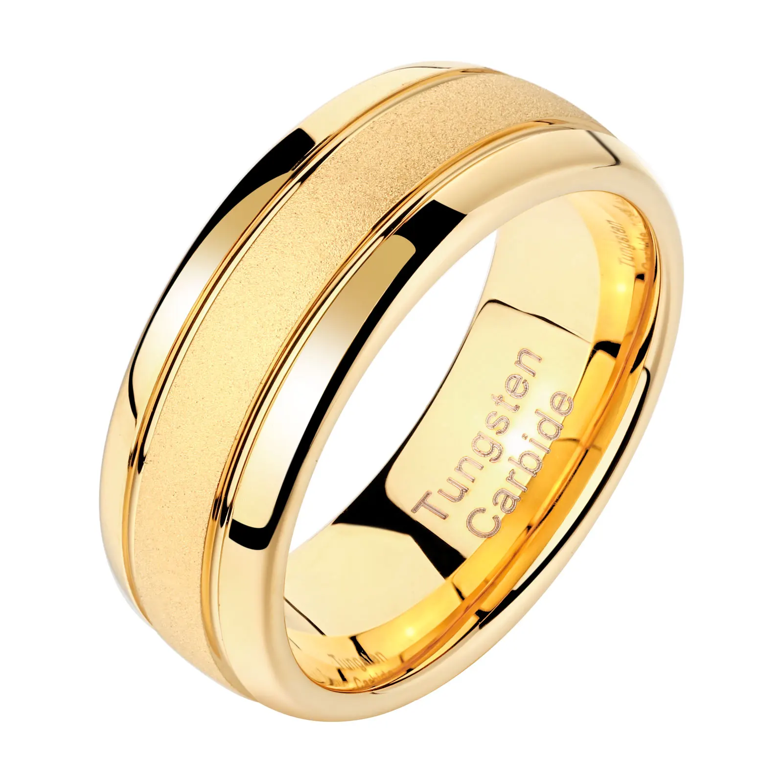 Men's Golden Color Wedding Rings 8mm Tungsten Carbide Frosted Band Charm Jewelry for Men Size 7-13