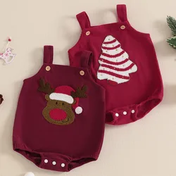 RUEWEY 0 to 18 Months Christmas Baby Girl Corduroy Bodysuit Casual Elk/Christmas Tree Embroidery Sleeveless Jumpsuit for Newborn