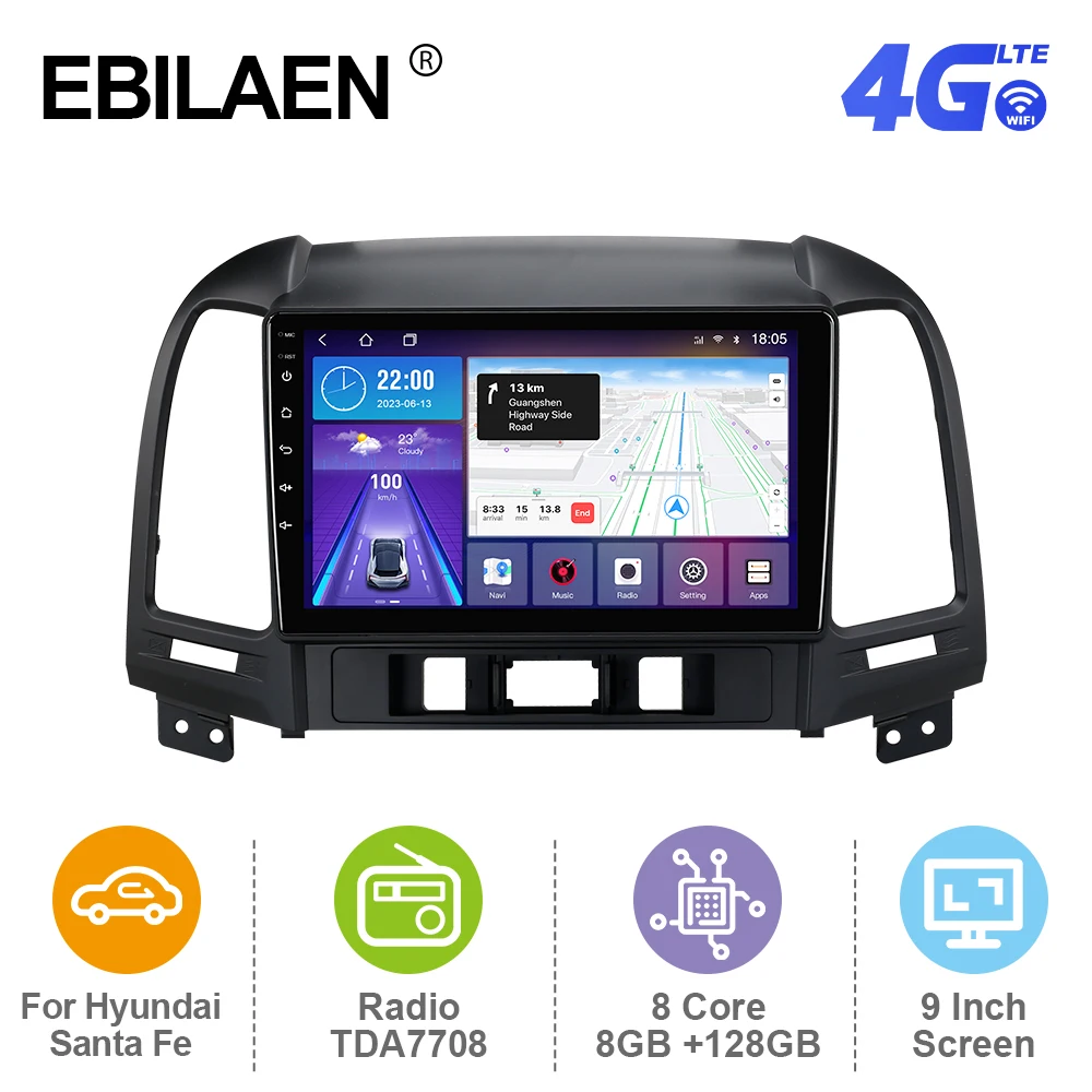 

EBILAEN Android 12 Car Radio Multimedia Player For Hyundai Santa Fe 2 2006-2012 GPS RDS Navigation Camera Carplay Autoradio 4G