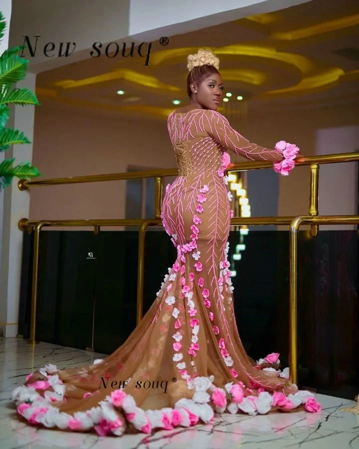 African Nigeria Brown Long Sleeves Mermaid Evening Dresses with Pink and White 3D Flowers Sexy illusion Party Gowns Customized