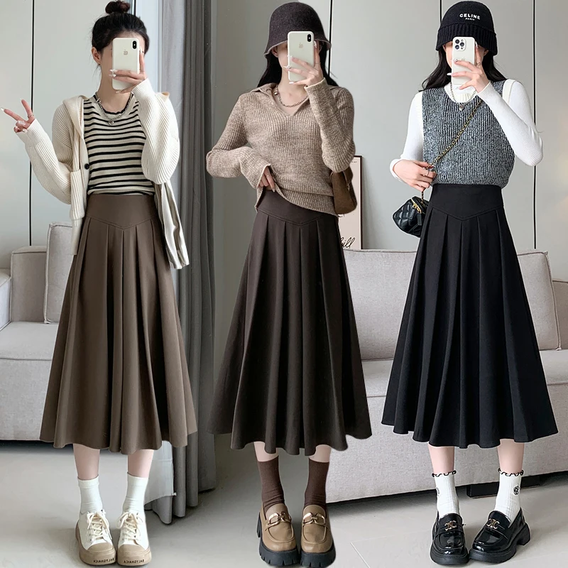 High-end wool skirt women's Midi autumn winter A-line flare-flare long skirt SK0615