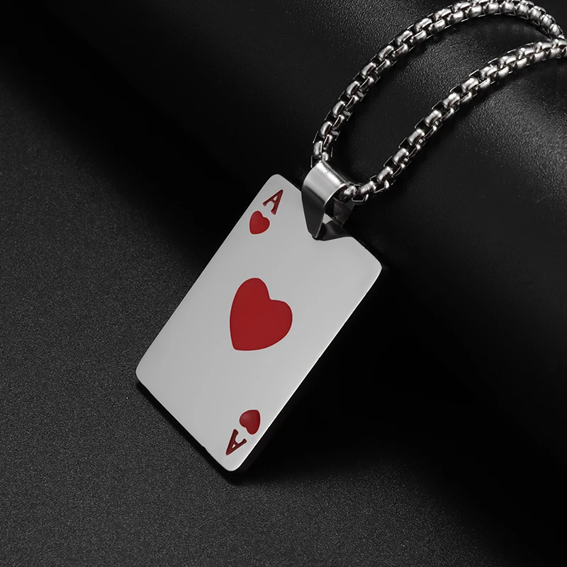 Stainless Steel Ace of Spades and Hearts Playing Card Pendant Necklace Women Men Punk Lucky Jewelry Accessory