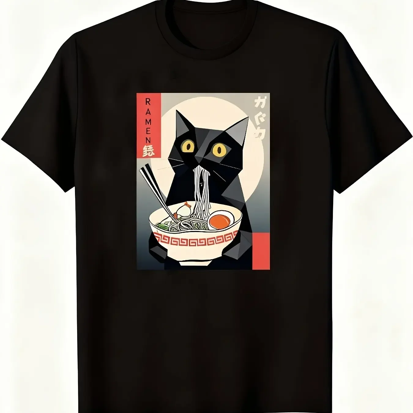 Japanese Ukiyo-e Style Black Cat Ramen T-shirt Unisex Cute Cat Pattern Pure Cotton Casual Top