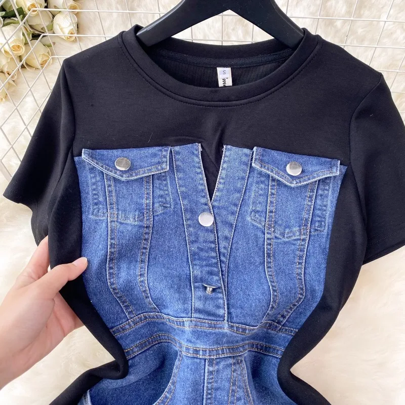 Neploe 2024 Summer New Patchwork Denim Dresses O-neck Slim Waist Dress for Women Y2k Short Sleeve Fake Two Piece Vestidos Mujer