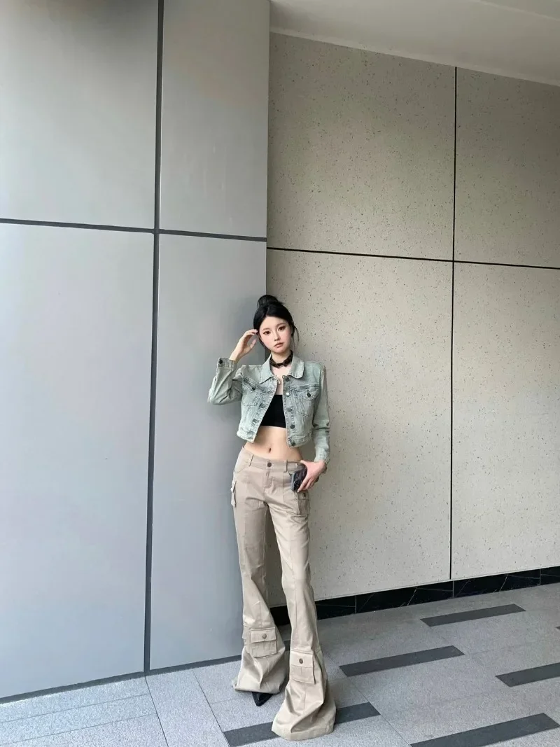 American Vintage Spicy Girl Flared Trousers Simple Solid Casual Slim Cargo Pants Y2k Aesthetic Punk Grunge Pantalones 2000s