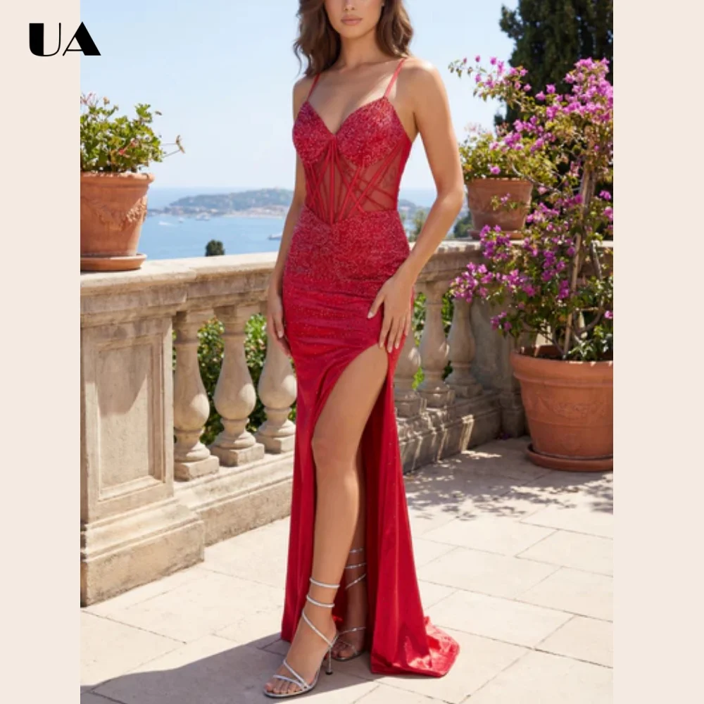 

Exquisite Mermaid Spaghetti Embellished Strap Evening Dress Sexy Corset High-slit Maxi Prom Dress Customized Satin Party Dress