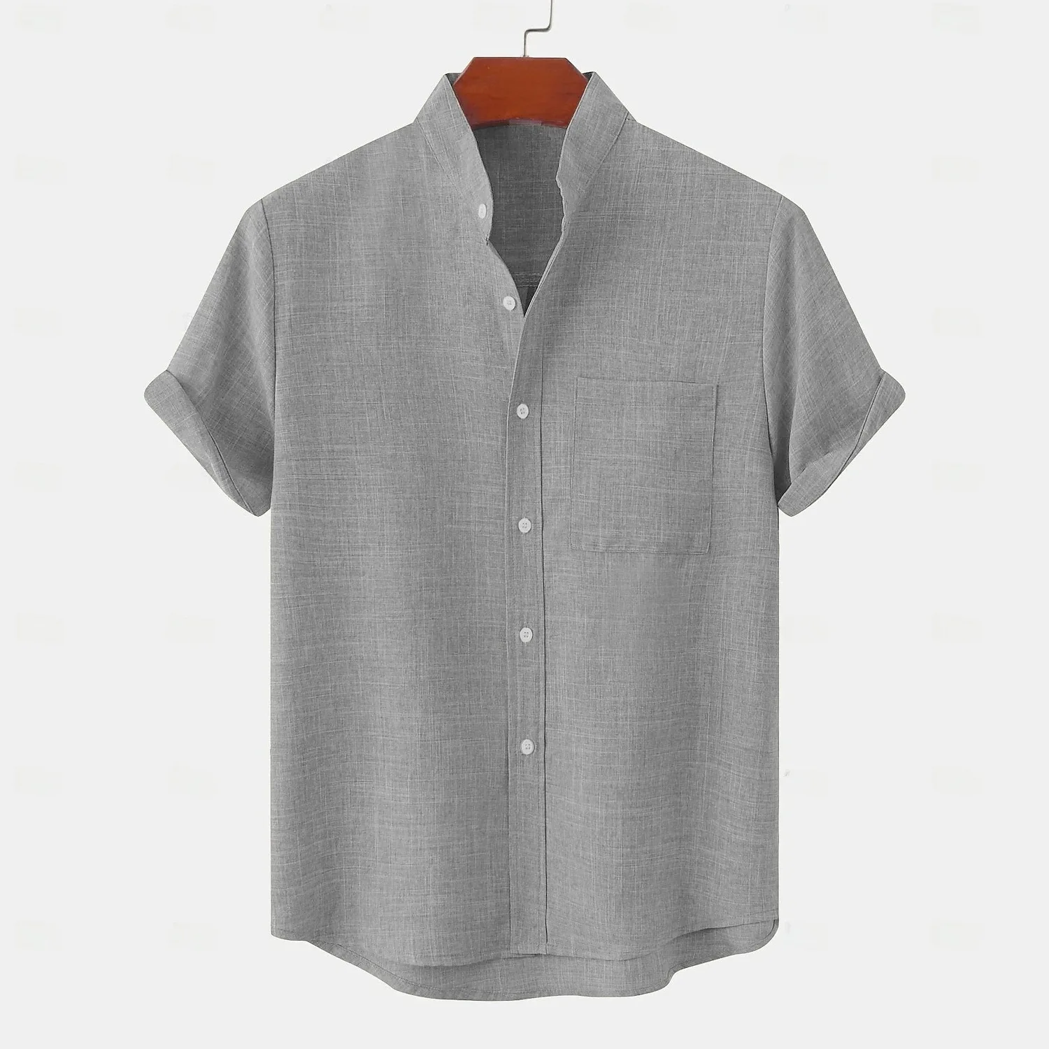 Men's Summer Thin Cotton Linen Short Sleeve Shirt Stand Collar Pure Color Casual Loose Fit Wear Resistant Quick Dry Machine W...